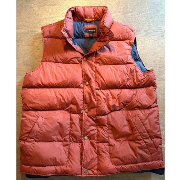 Lands' End Other - Lands End Mens Down Puffer Vest Rust Orange Navy Blue Quilted Snap Front Large